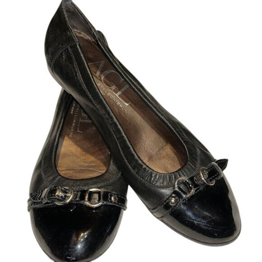 AGL Attilio Giusti Leombruni Womens Black Leather Ballet Flats With Patent Toe